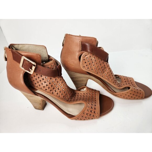 Vince Camuto Womens Brown Woven Leather Peep Toe Sandal Cone Heel size 8.5 - Picture 2 of 15